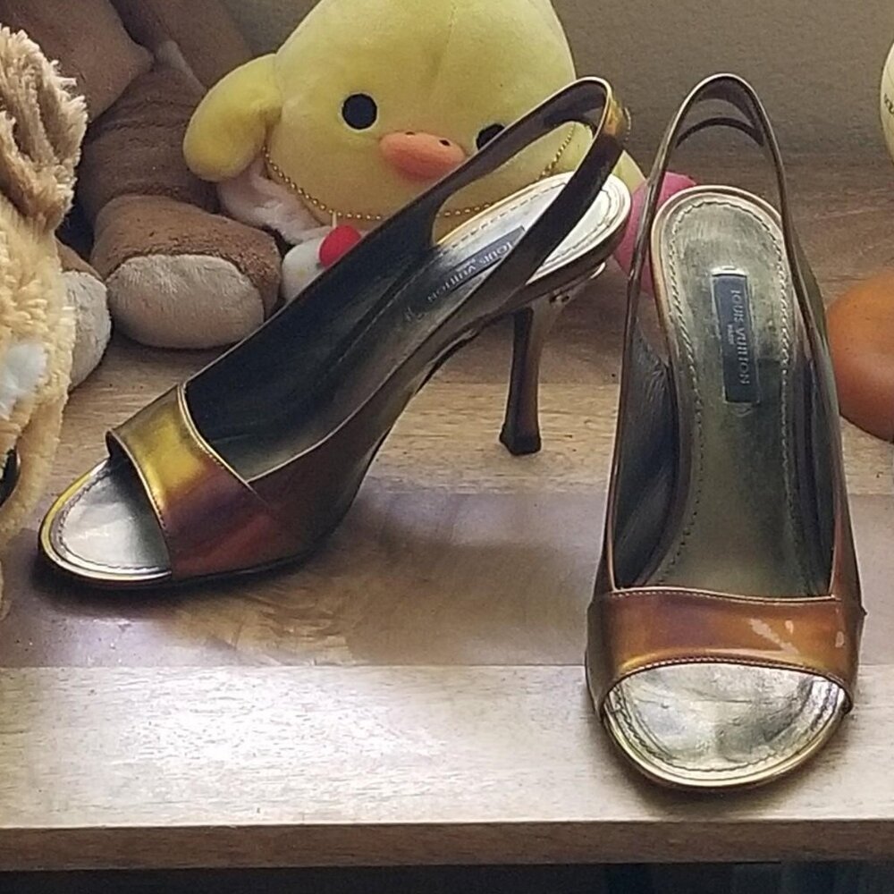 Louis Vuitton Strappy Heels, Multichrome Bronze Red Gold Open Toe Pumps